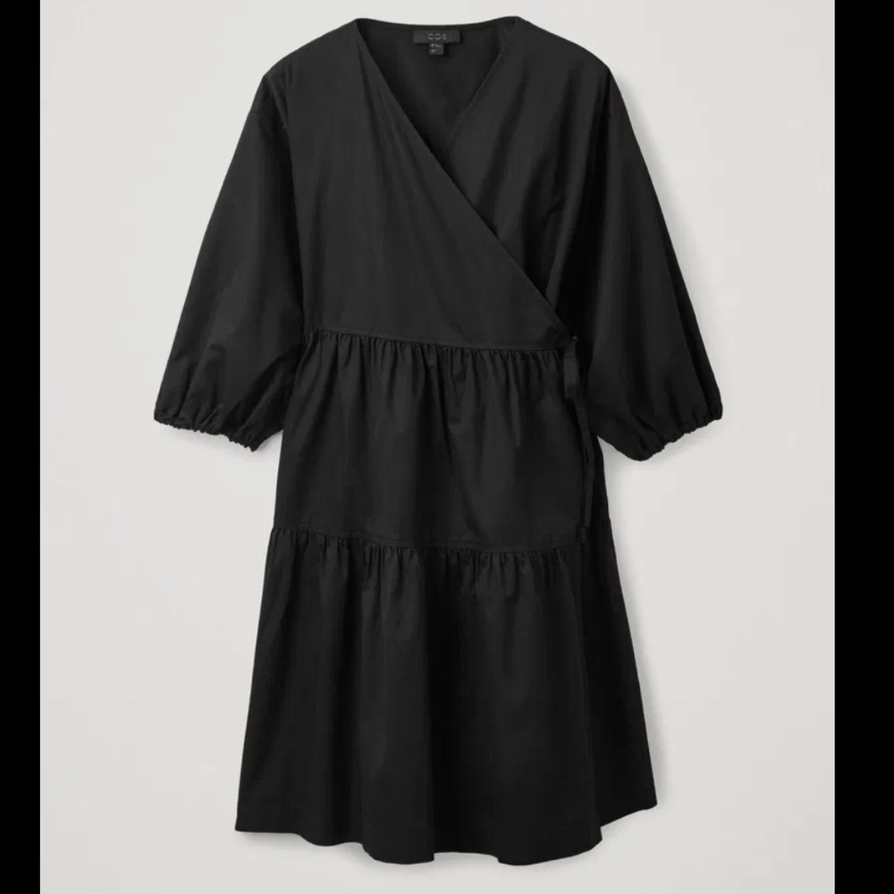 COS BLACK 3/4-SLEEVE TIERED GATHERED FAUX WRAP DRESS- Sz10- ETHEREAL LBD